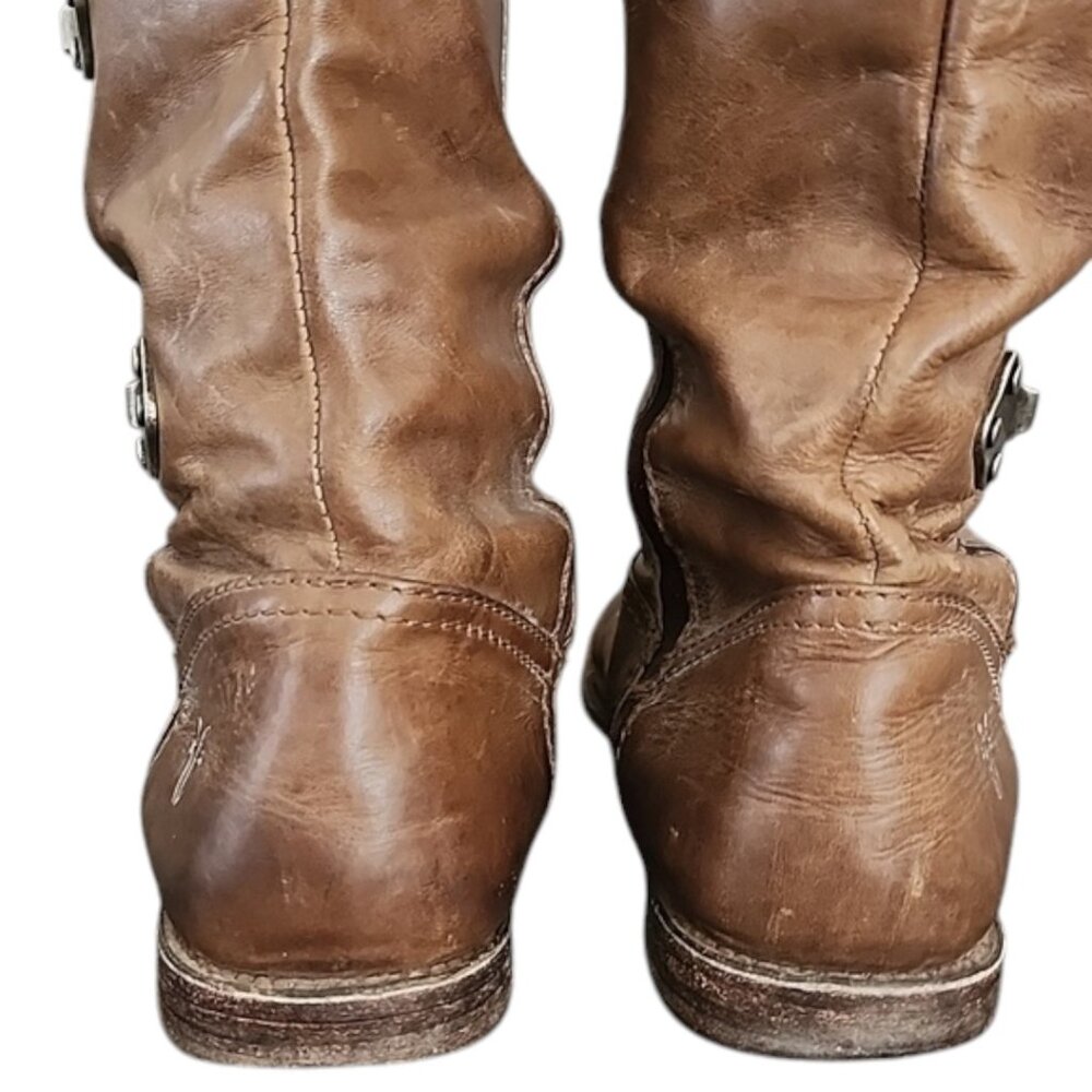 FRYE VINTAGE Chestnut Leather Tall Riding Boots 6.5 Harness Buckle OTK Moto - Picture 13 of 16